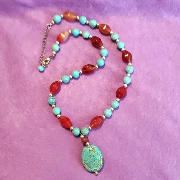 Faux Turquoise and Red Coral Necklace - Picture 1 of 5